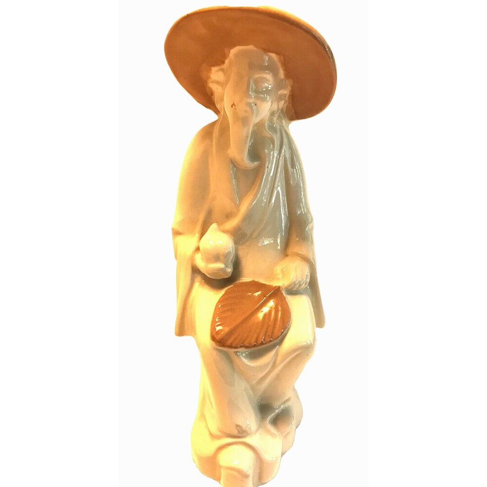 Asian Wise Old Man Sitting Statue/Figurine 8 3/4" Glazed Ceramic Signed Tasa